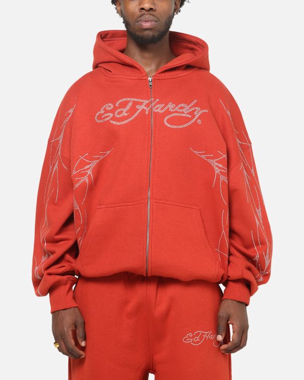 Ed Hardy Cyber Rhinestone Zip-Up Hoodie Red