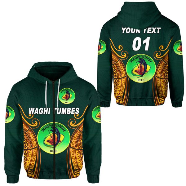 Custom Papua New Guinea Waghi Tumbes Zip Hoodie Rugby Green, Custom Text and Number LT8