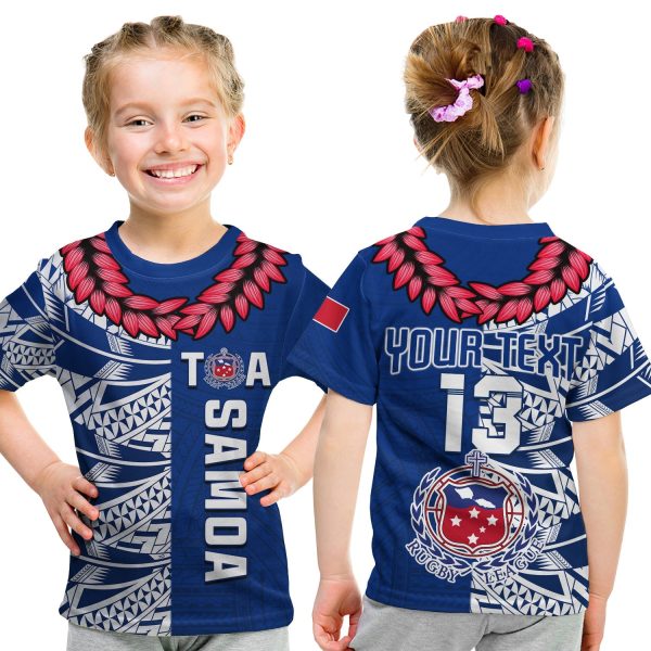 (Custom Personalise Text and Number) Toa Samoa Rugby T Shirt KID Siamupini Ula Fala Blue LT13