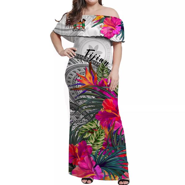 (Custom Personalised) Fiji Tapa Off Shoulder Long Dress Speical Fijian Masi Be Loved Hibiscus LT13