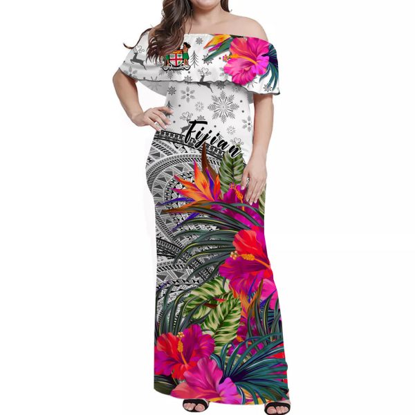 (Custom Personalised) Fiji Tapa Off Shoulder Long Dress Speical Fijian Masi Be Loved Hibiscus Merry Christmas LT13