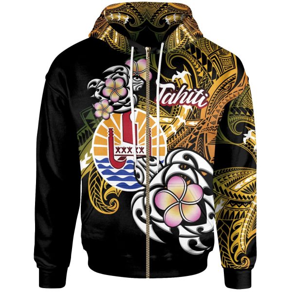 French Polynesia Tahiti Zip Hoodie Tahiti of Seal Turtle With Plumeria